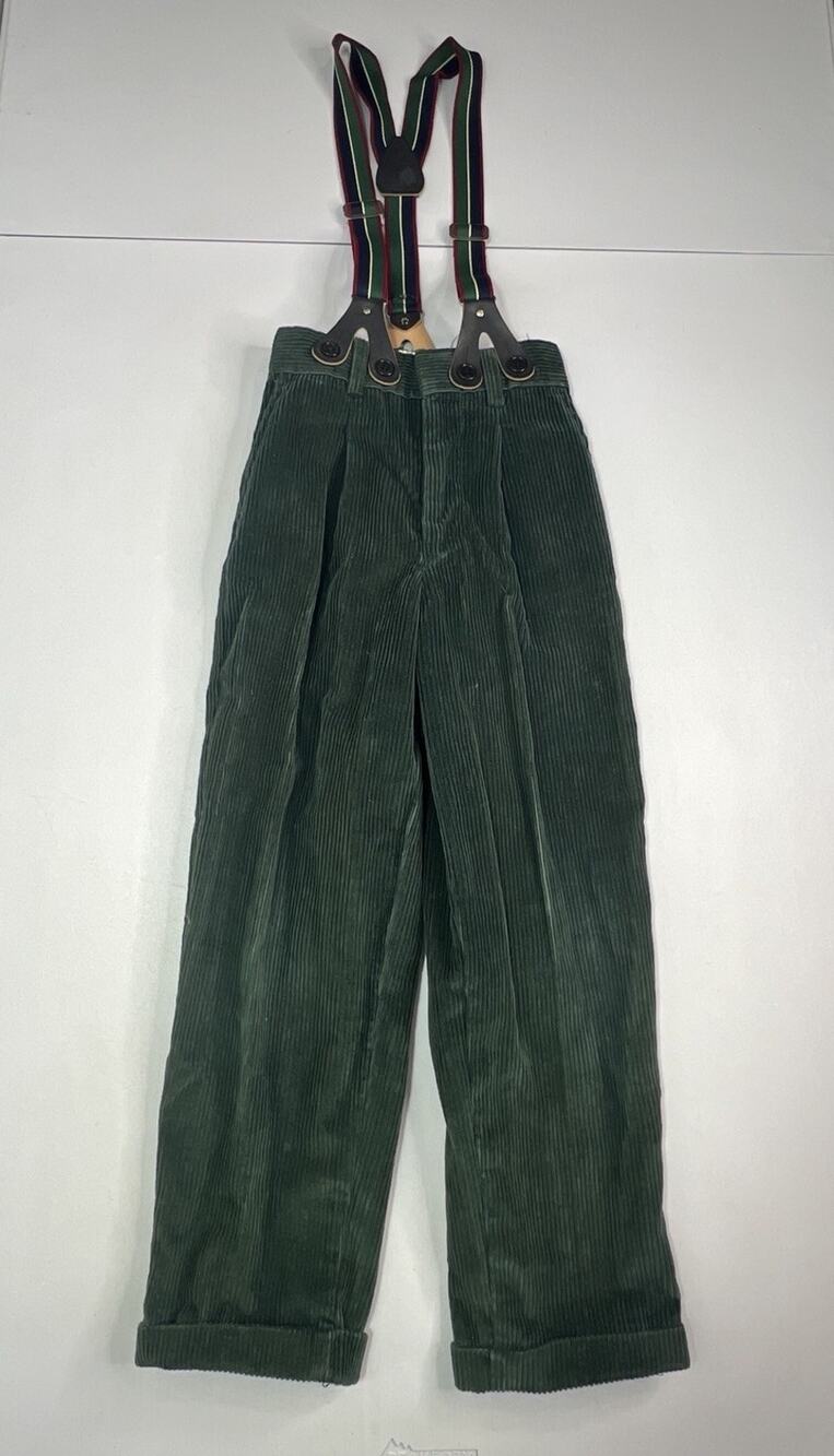 Vintage Children’s Dark Green Corduroy Trousers Pleated Suspenders Retro